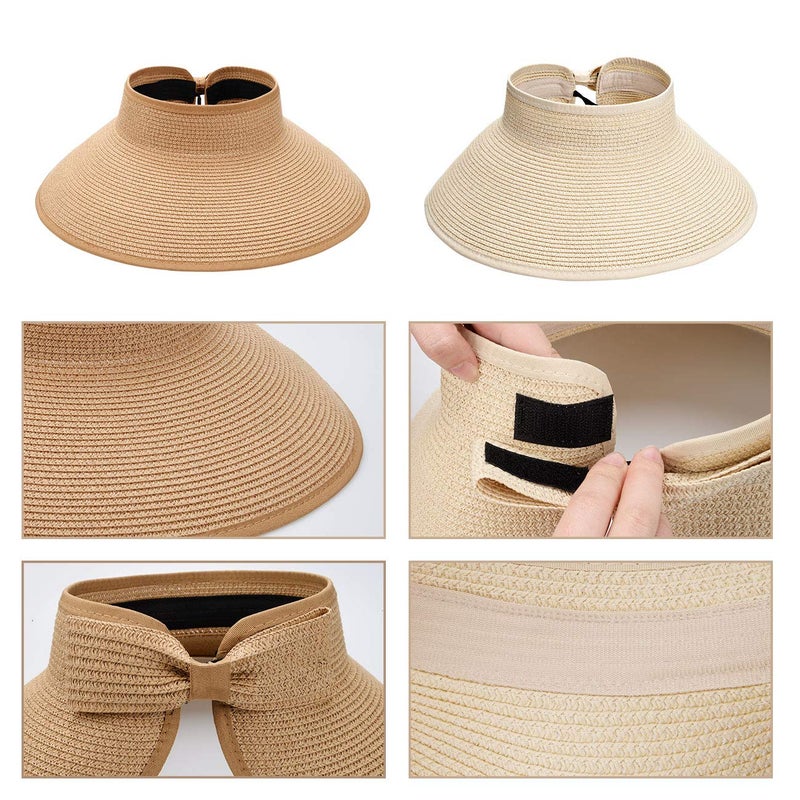 MAYLISACC 2 Pack Straw Sun Visors for Women UPF50+ Floppy Wide Brim, Foldable Topless Beach Hats UV Protection Khaki&Beige - Image 5
